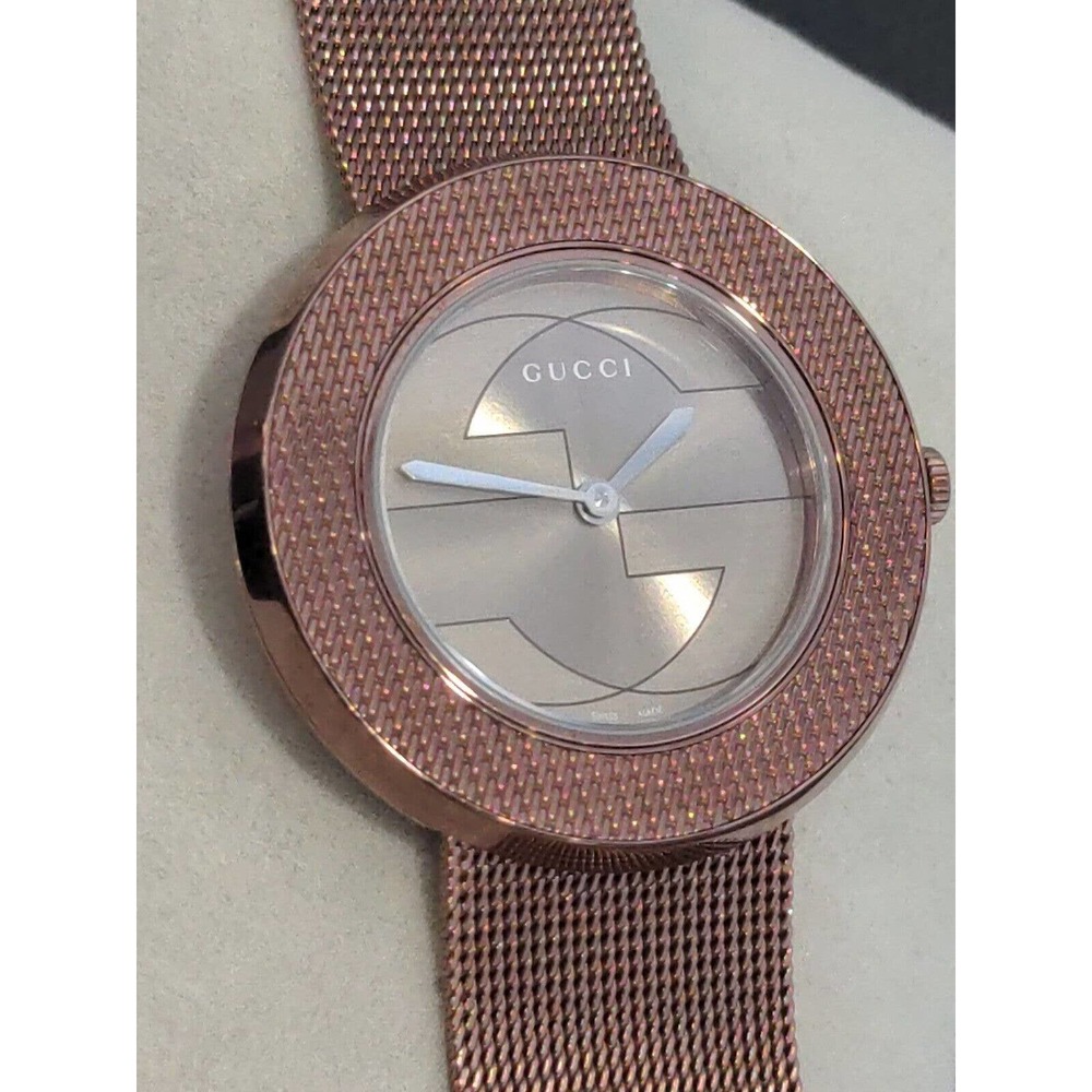 Gucci Women's Swiss U-Play Brown PVD Mesh Bracelet Watch 29mm w Box